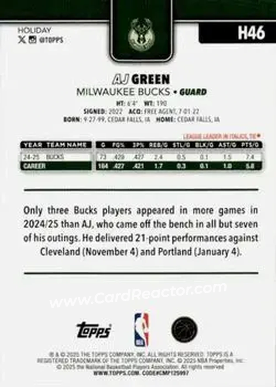 2025-26 Topps Holiday #H46 - A.J. Green - Milwaukee Bucks - Back 2025-26 Topps Holiday #H46 - A.J. Green - Milwaukee Bucks - Back