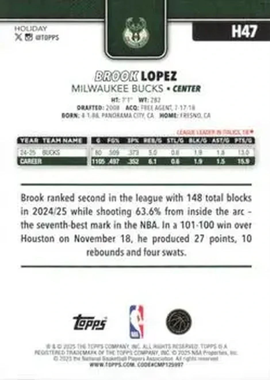 2025-26 Topps Holiday #H47 - Brook Lopez - Milwaukee Bucks - Back