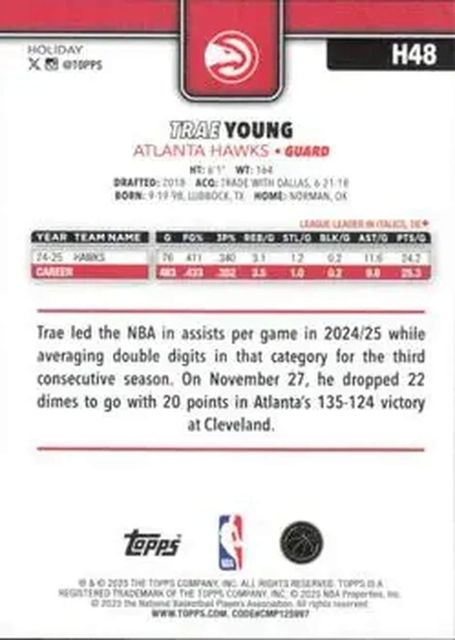 2025-26 Topps Holiday #H48 - Trae Young - Atlanta Hawks - Back 2025-26 Topps Holiday #H48 - Trae Young - Atlanta Hawks - Back