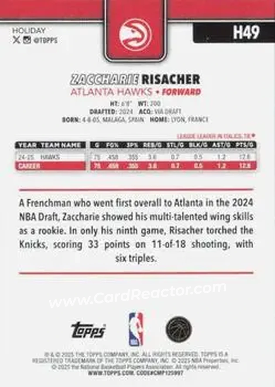 2025-26 Topps Holiday #H49 - Zaccharie Risacher - Atlanta Hawks - Back 2025-26 Topps Holiday #H49 - Zaccharie Risacher - Atlanta Hawks - Back