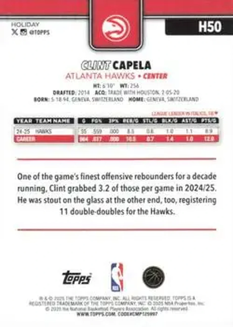 2025-26 Topps Holiday #H50 - Clint Capela - Atlanta Hawks - Back