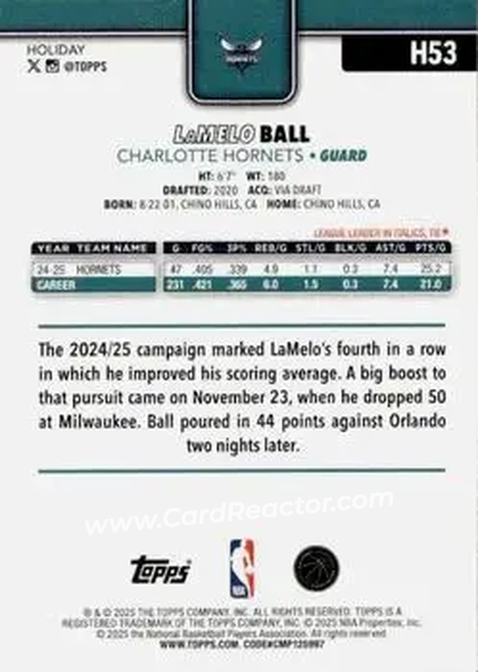 2025-26 Topps Holiday #H53 - LaMelo Ball - Charlotte Hornets - Back 2025-26 Topps Holiday #H53 - LaMelo Ball - Charlotte Hornets - Back