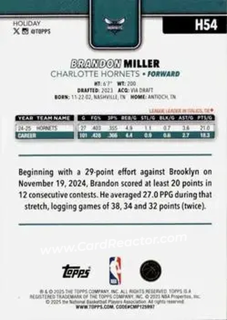 2025-26 Topps Holiday #H54 - Brandon Miller - Charlotte Hornets - Back