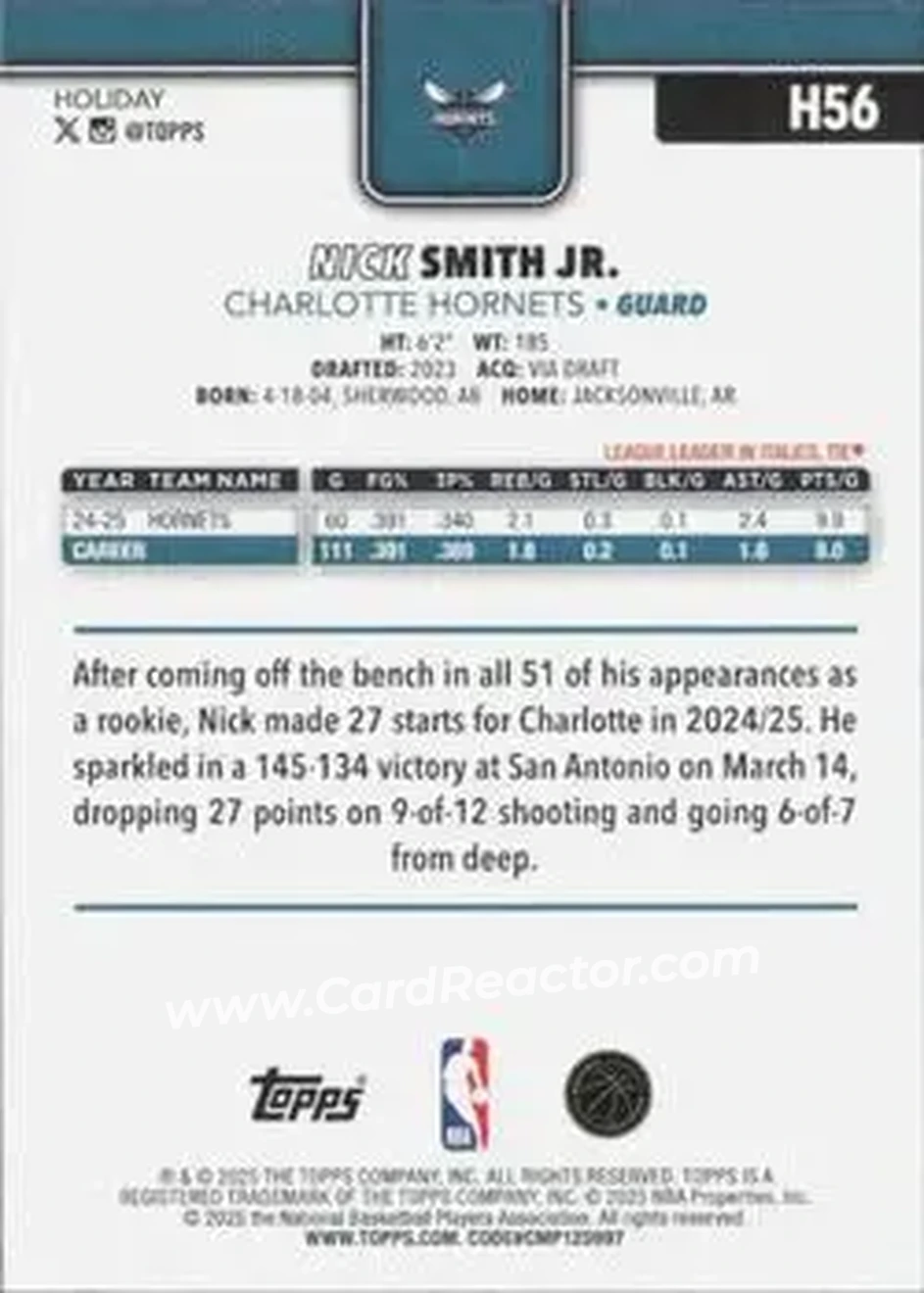 2025-26 Topps Holiday #H56 - Nick Smith Jr. - Charlotte Hornets - Back 2025-26 Topps Holiday #H56 - Nick Smith Jr. - Charlotte Hornets - Back
