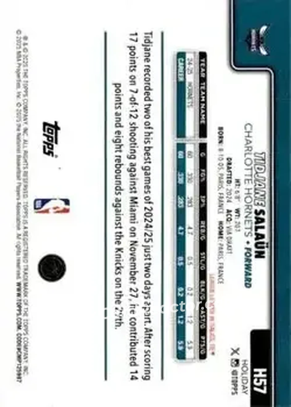 2025-26 Topps Holiday #H57 - Tidjane Salaün - Charlotte Hornets - Back