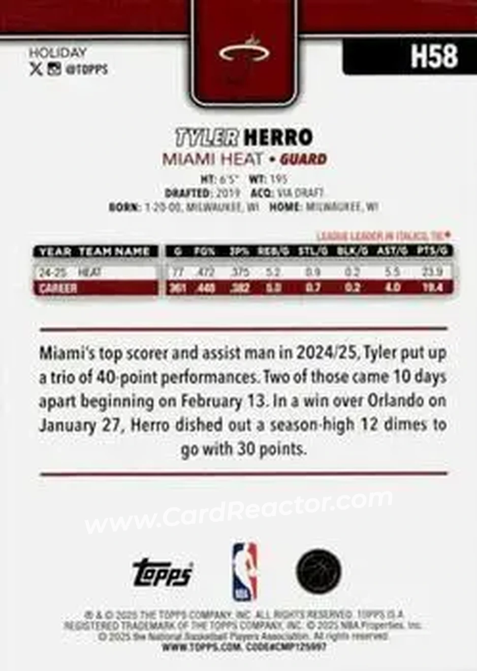 2025-26 Topps Holiday #H58 - Tyler Herro - Miami Heat - Back 2025-26 Topps Holiday #H58 - Tyler Herro - Miami Heat - Back