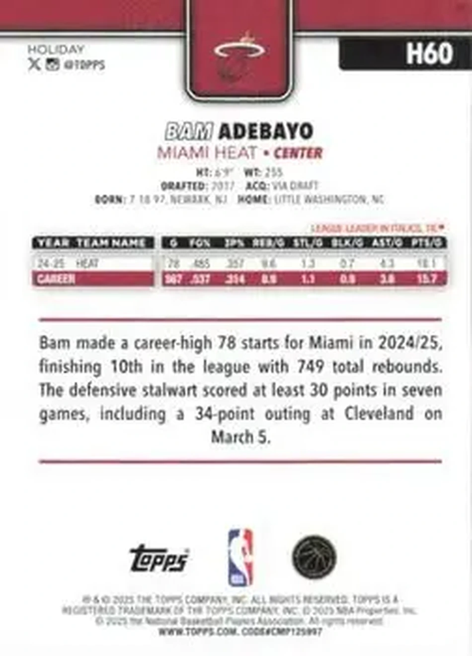 2025-26 Topps Holiday #H60 - Bam Adebayo - Miami Heat - Back 2025-26 Topps Holiday #H60 - Bam Adebayo - Miami Heat - Back