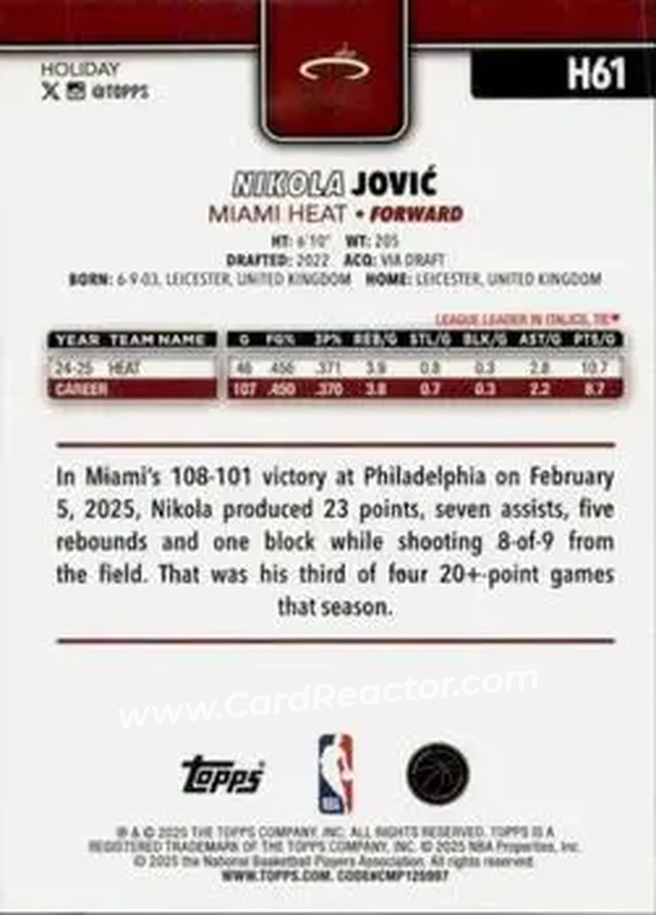 2025-26 Topps Holiday #H61 - Nikola Jović - Miami Heat - Back 2025-26 Topps Holiday #H61 - Nikola Jović - Miami Heat - Back