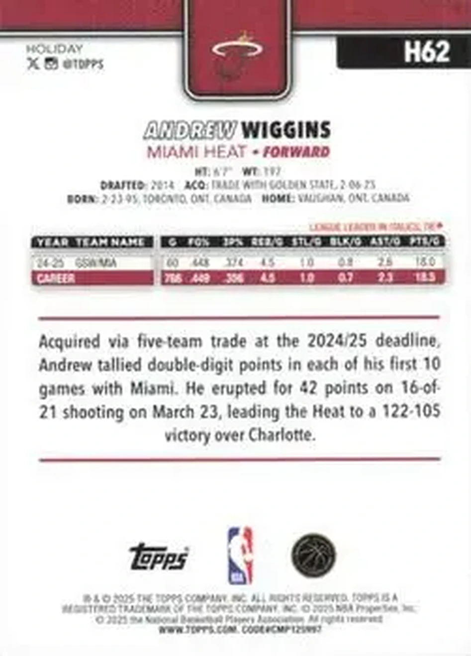 2025-26 Topps Holiday #H62 - Andrew Wiggins - Miami Heat - Back 2025-26 Topps Holiday #H62 - Andrew Wiggins - Miami Heat - Back