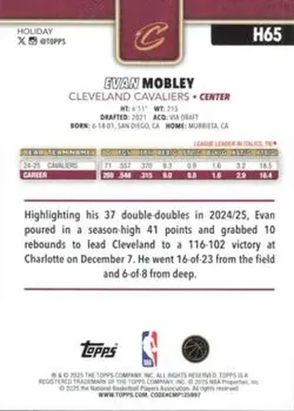 2025-26 Topps Holiday #H65 - Evan Mobley - Cleveland Cavaliers - Back
