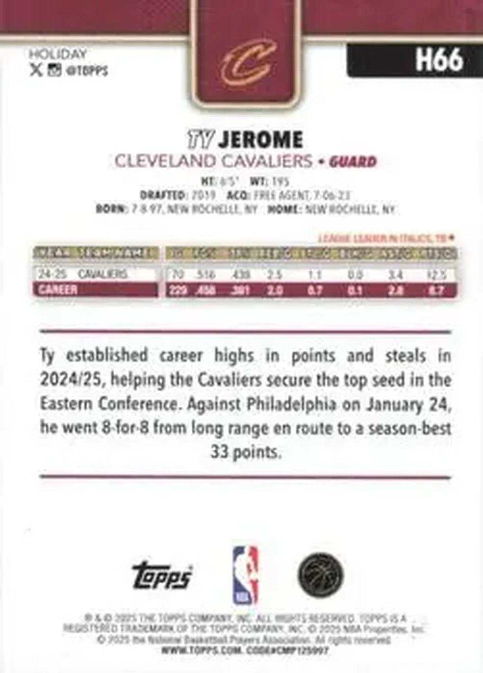 2025-26 Topps Holiday #H66 - Ty Jerome - Cleveland Cavaliers - Back