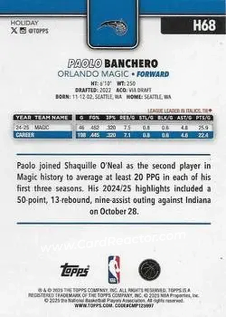 2025-26 Topps Holiday #H68 - Paolo Banchero - Orlando Magic - Back