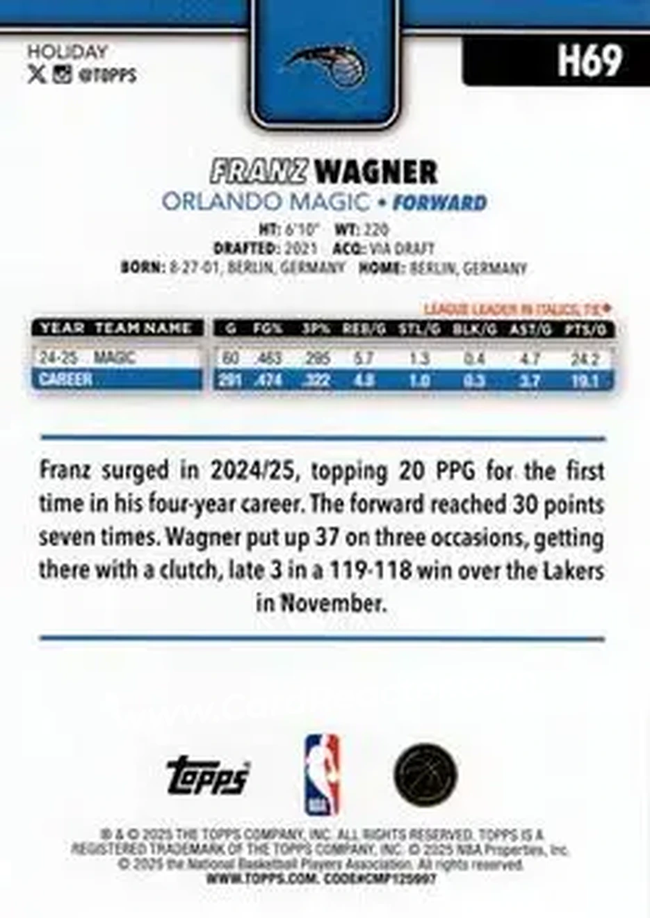 2025-26 Topps Holiday #H69 - Franz Wagner - Orlando Magic - Back