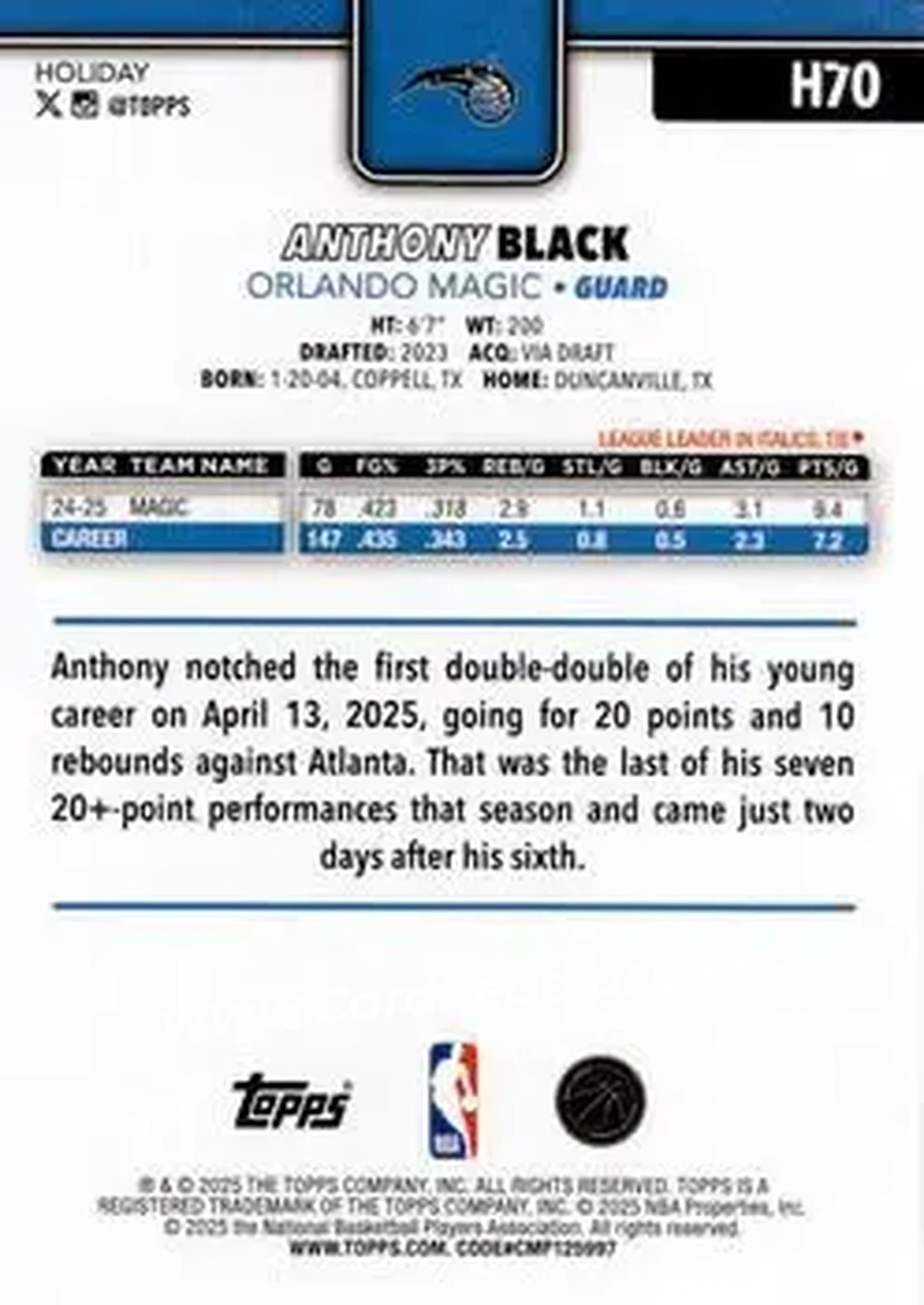 2025-26 Topps Holiday #H70 - Anthony Black - Orlando Magic - Back
