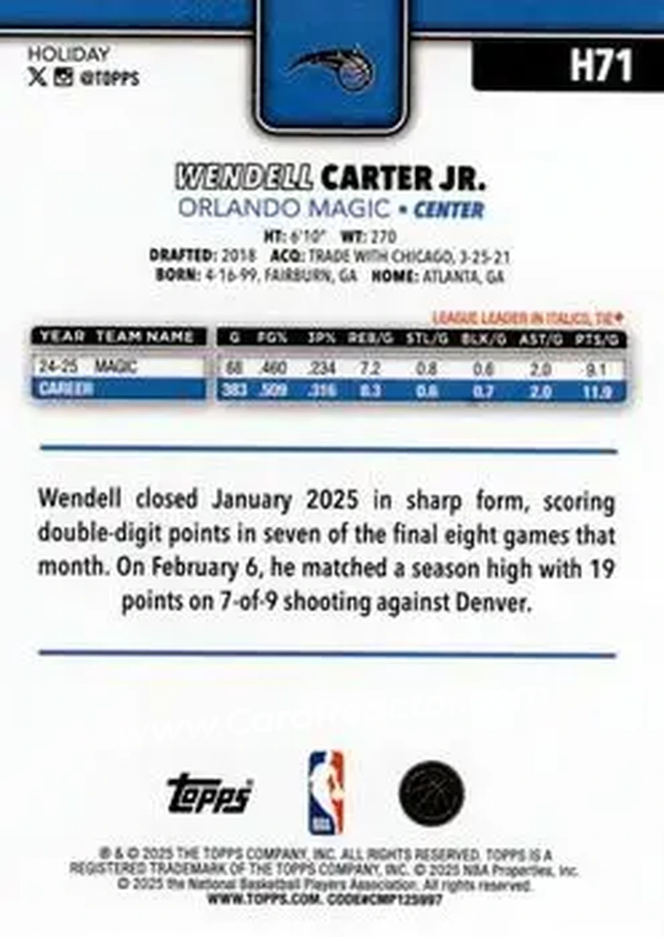 2025-26 Topps Holiday #H71 - Wendell Carter Jr. - Orlando Magic - Back