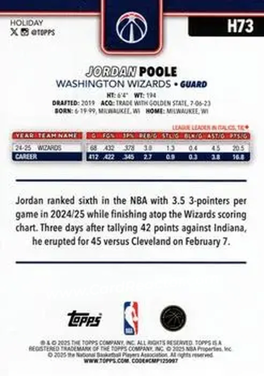 2025-26 Topps Holiday #H73 - Jordan Poole - Washington Wizards - Back 2025-26 Topps Holiday #H73 - Jordan Poole - Washington Wizards - Back