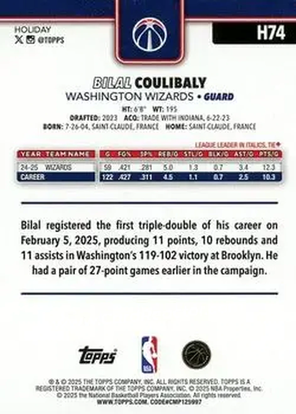 2025-26 Topps Holiday #H74 - Bilal Coulibaly - Washington Wizards - Back 2025-26 Topps Holiday #H74 - Bilal Coulibaly - Washington Wizards - Back