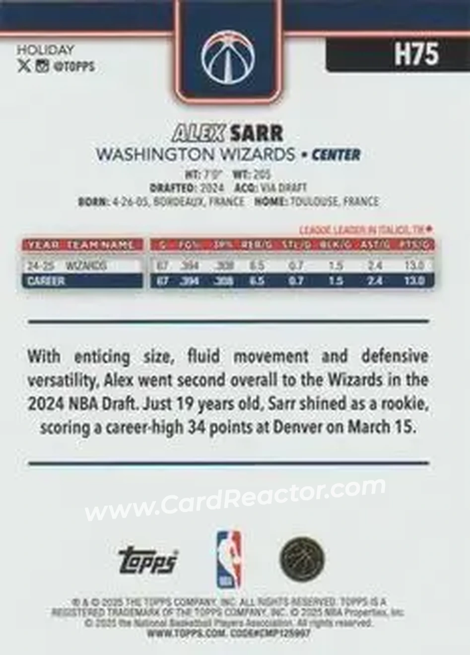 2025-26 Topps Holiday #H75 - Alex Sarr - Washington Wizards - Back 2025-26 Topps Holiday #H75 - Alex Sarr - Washington Wizards - Back