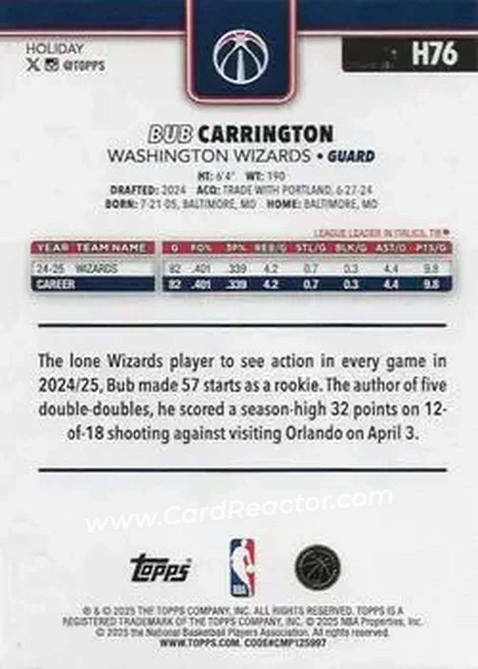 2025-26 Topps Holiday #H76 - Bub Carrington - Washington Wizards - Back 2025-26 Topps Holiday #H76 - Bub Carrington - Washington Wizards - Back