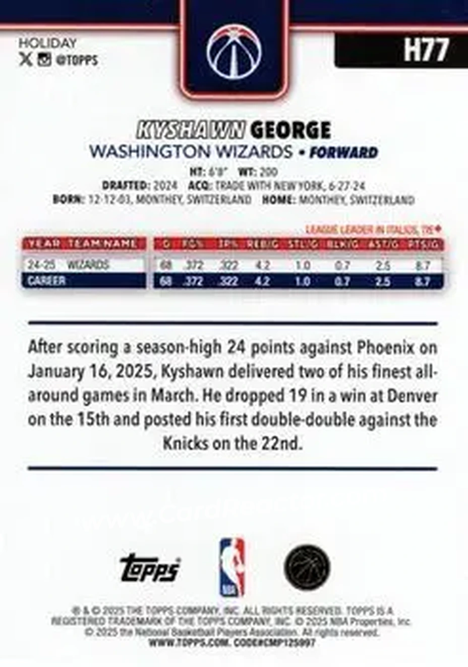 2025-26 Topps Holiday #H77 - Kyshawn George - Washington Wizards - Back 2025-26 Topps Holiday #H77 - Kyshawn George - Washington Wizards - Back