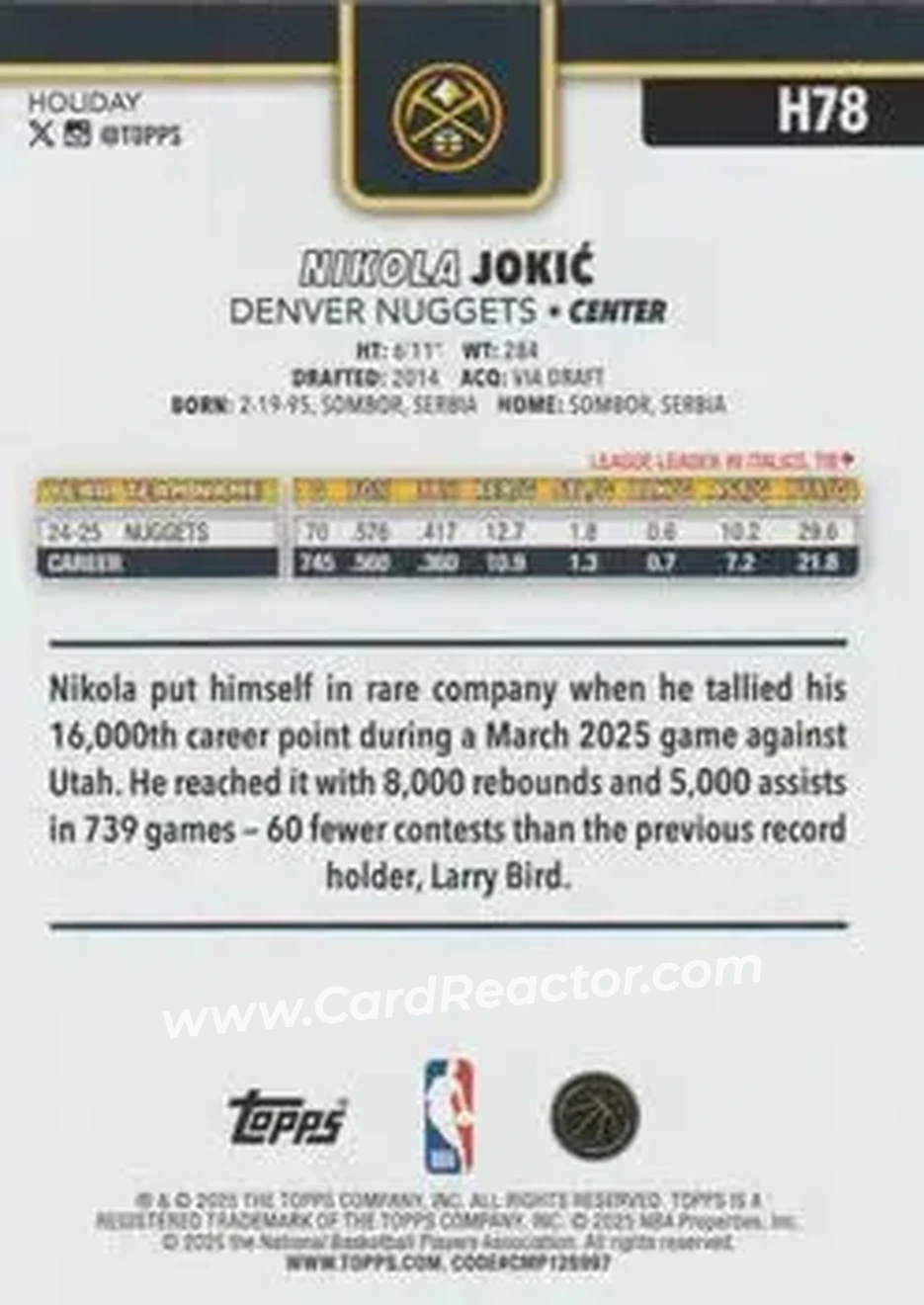 2025-26 Topps Holiday #H78 - Nikola Jokić - Denver Nuggets - Back