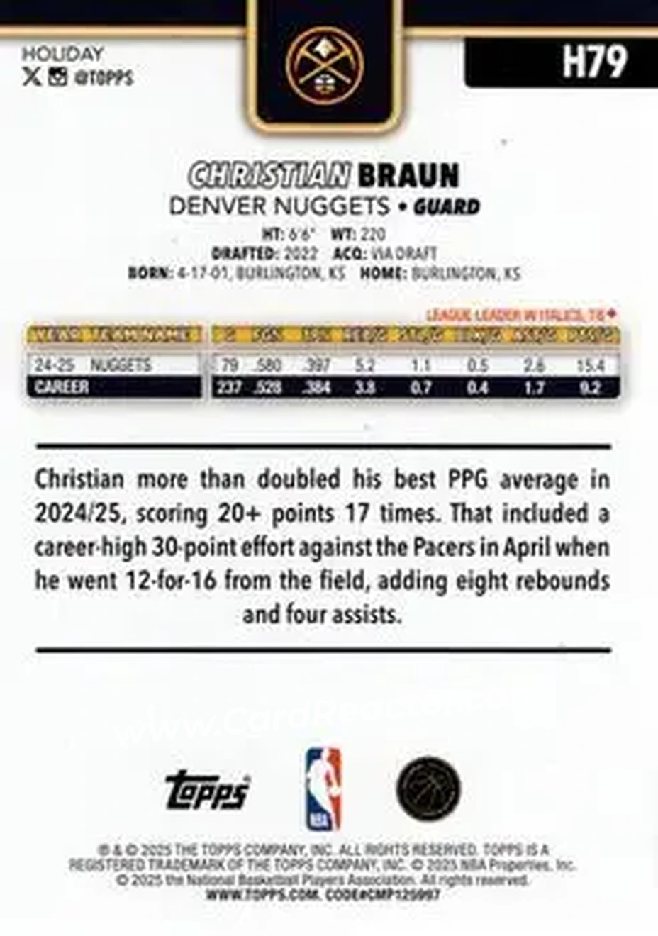 2025-26 Topps Holiday #H79 - Christian Braun - Denver Nuggets - Back 2025-26 Topps Holiday #H79 - Christian Braun - Denver Nuggets - Back