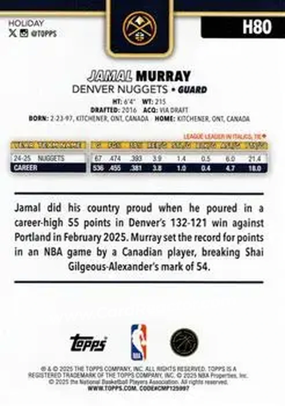 2025-26 Topps Holiday #H80 - Jamal Murray - Denver Nuggets - Back