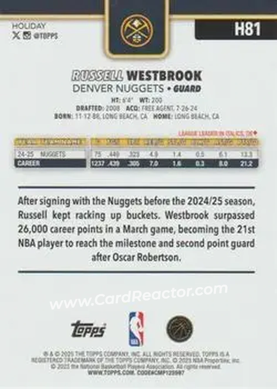 2025-26 Topps Holiday #H81 - Russell Westbrook - Denver Nuggets - Back 2025-26 Topps Holiday #H81 - Russell Westbrook - Denver Nuggets - Back