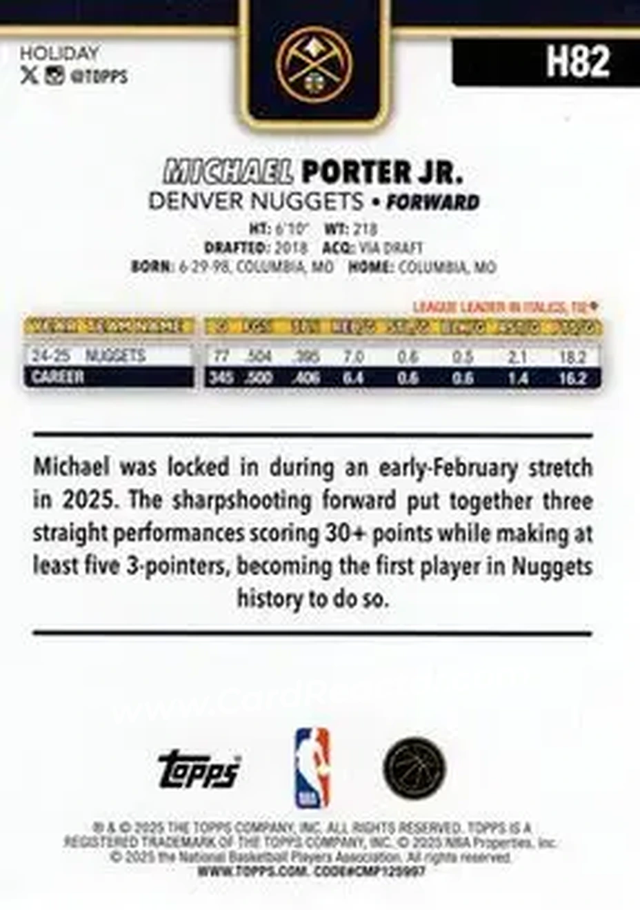 2025-26 Topps Holiday #H82 - Michael Porter Jr. - Denver Nuggets - Back