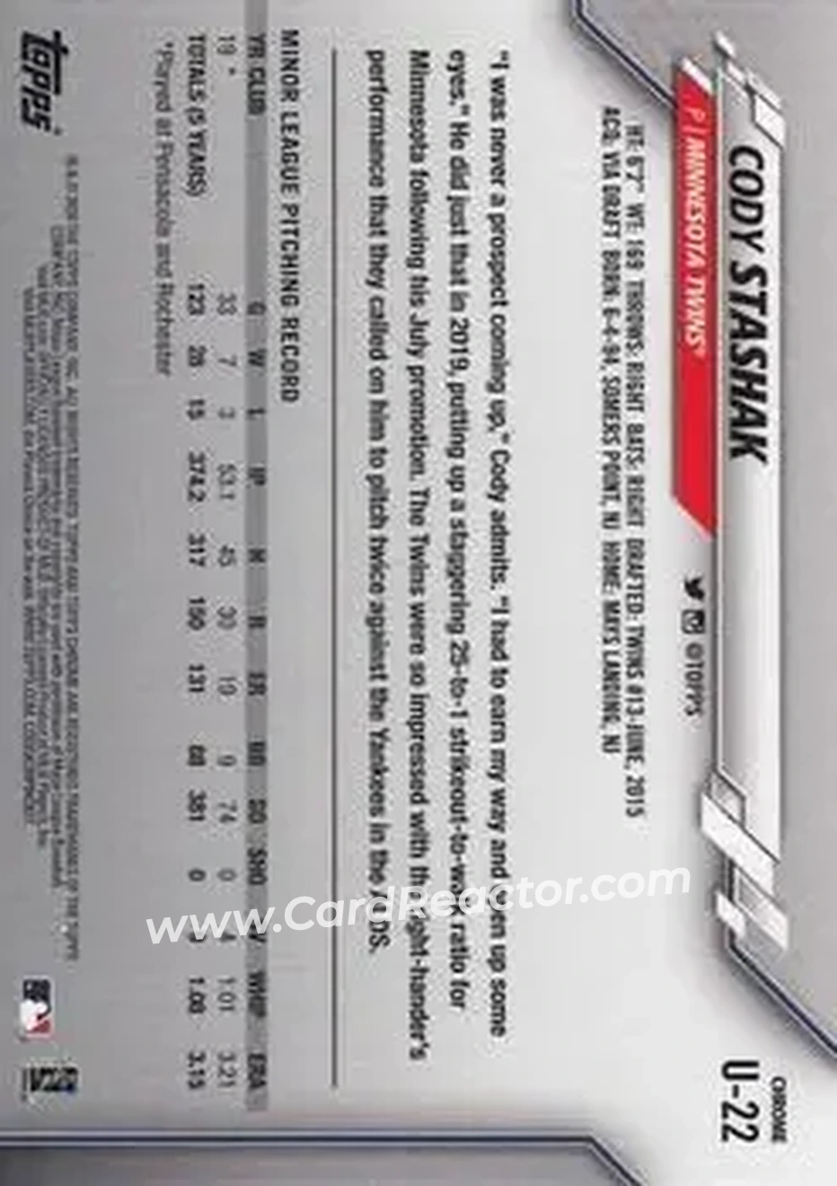 2020 Topps Chrome Update Sapphire Edition #U-22 - Cody Stashak - Minnesota Twins - Back 2020 Topps Chrome Update Sapphire Edition #U-22 - Cody Stashak - Minnesota Twins - Back