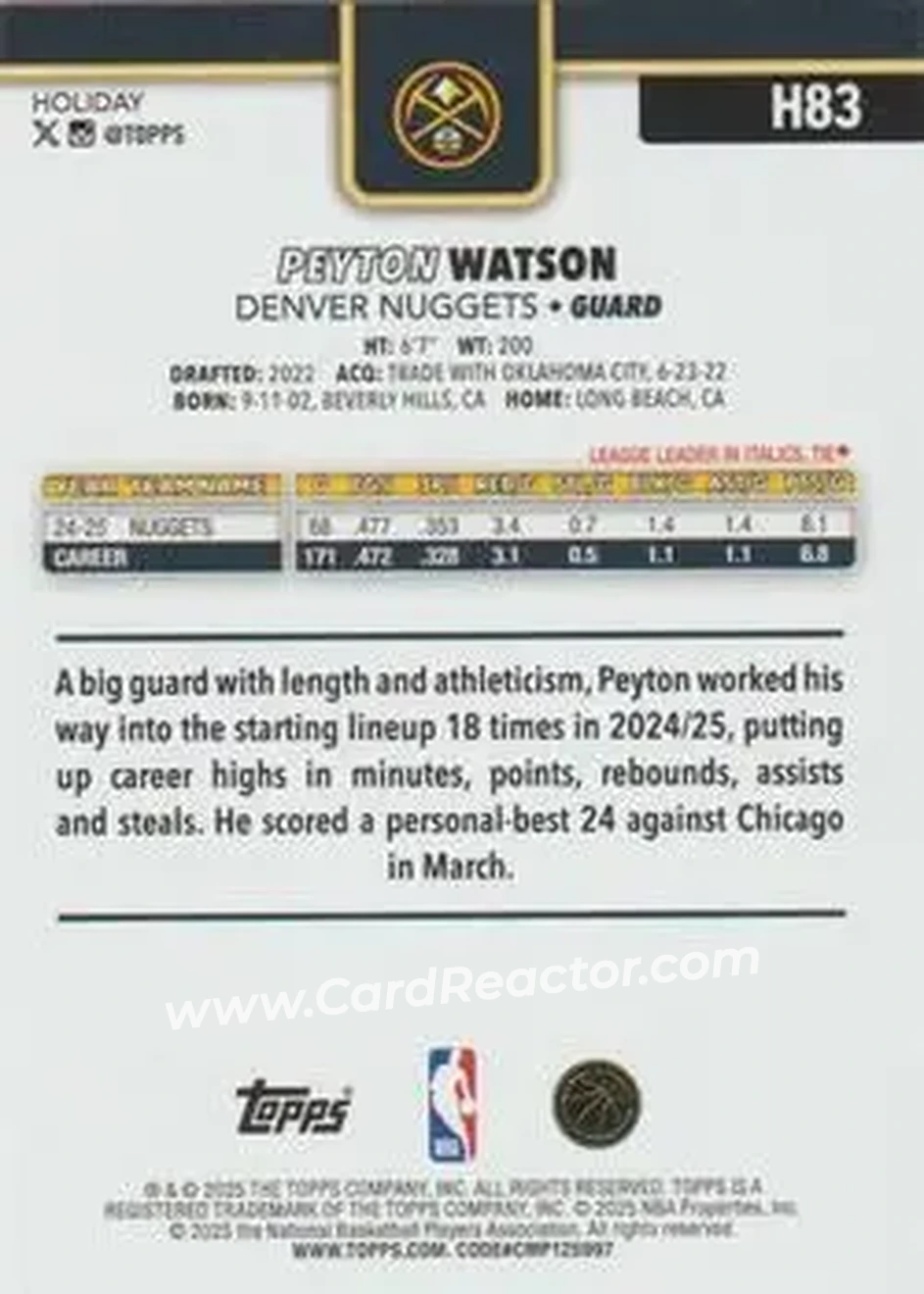2025-26 Topps Holiday #H83 - Peyton Watson - Denver Nuggets - Back 2025-26 Topps Holiday #H83 - Peyton Watson - Denver Nuggets - Back