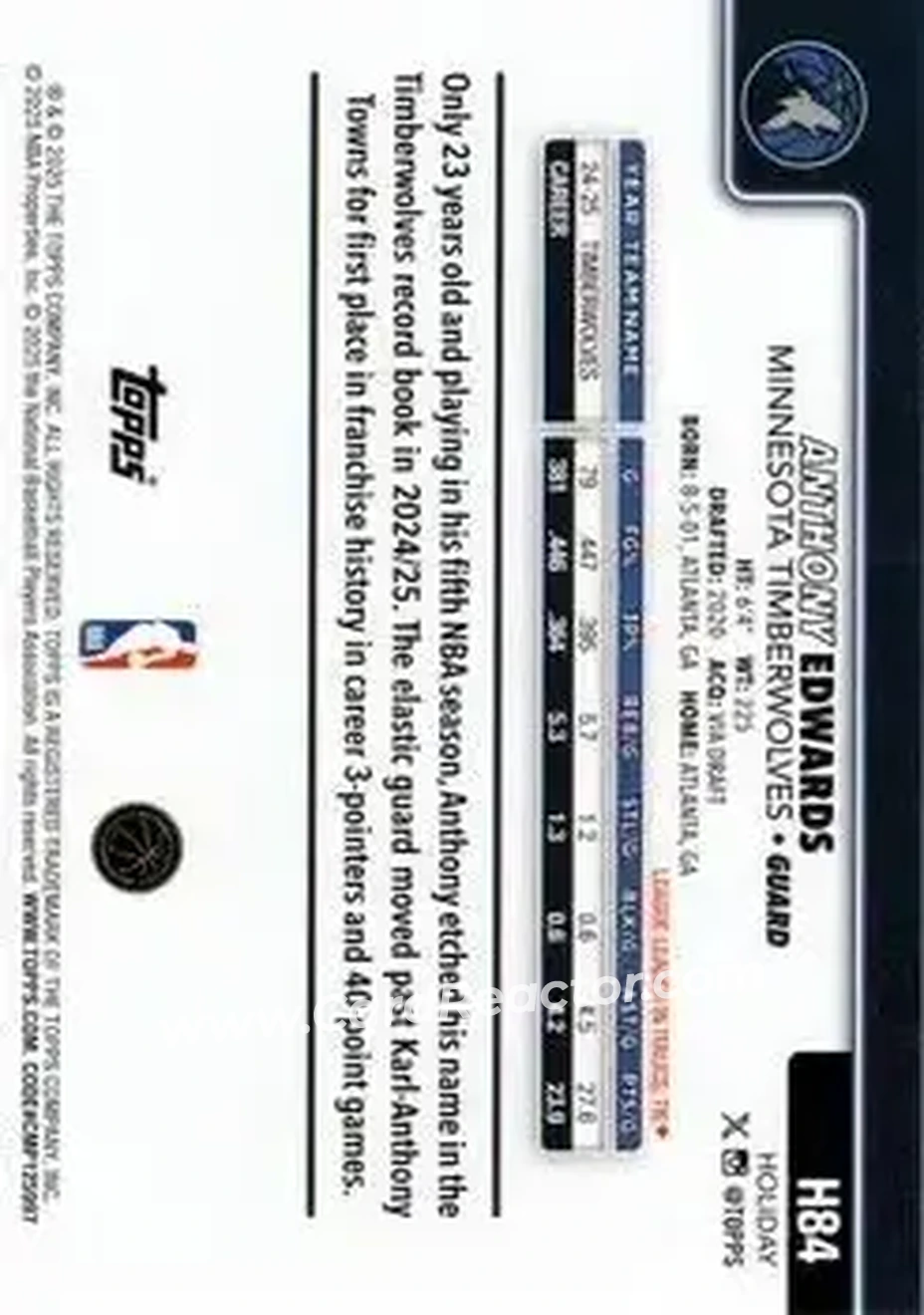 2025-26 Topps Holiday #H84 - Anthony Edwards - Minnesota Timberwolves - Back 2025-26 Topps Holiday #H84 - Anthony Edwards - Minnesota Timberwolves - Back