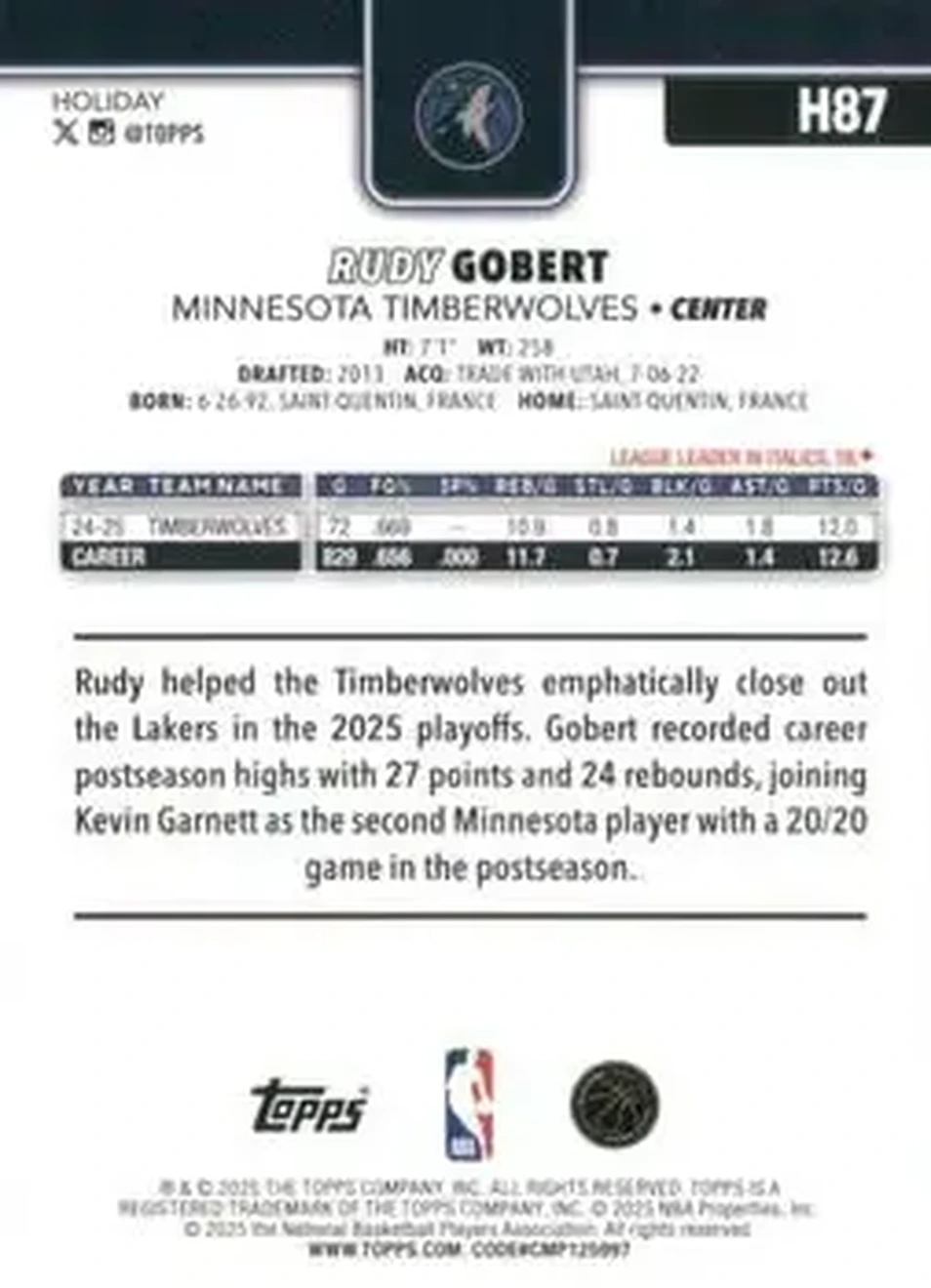 2025-26 Topps Holiday #H87 - Rudy Gobert - Minnesota Timberwolves - Back