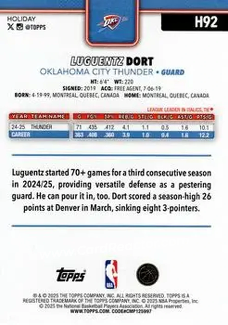 2025-26 Topps Holiday #H92 - Luguentz Dort - Oklahoma City Thunder - Back