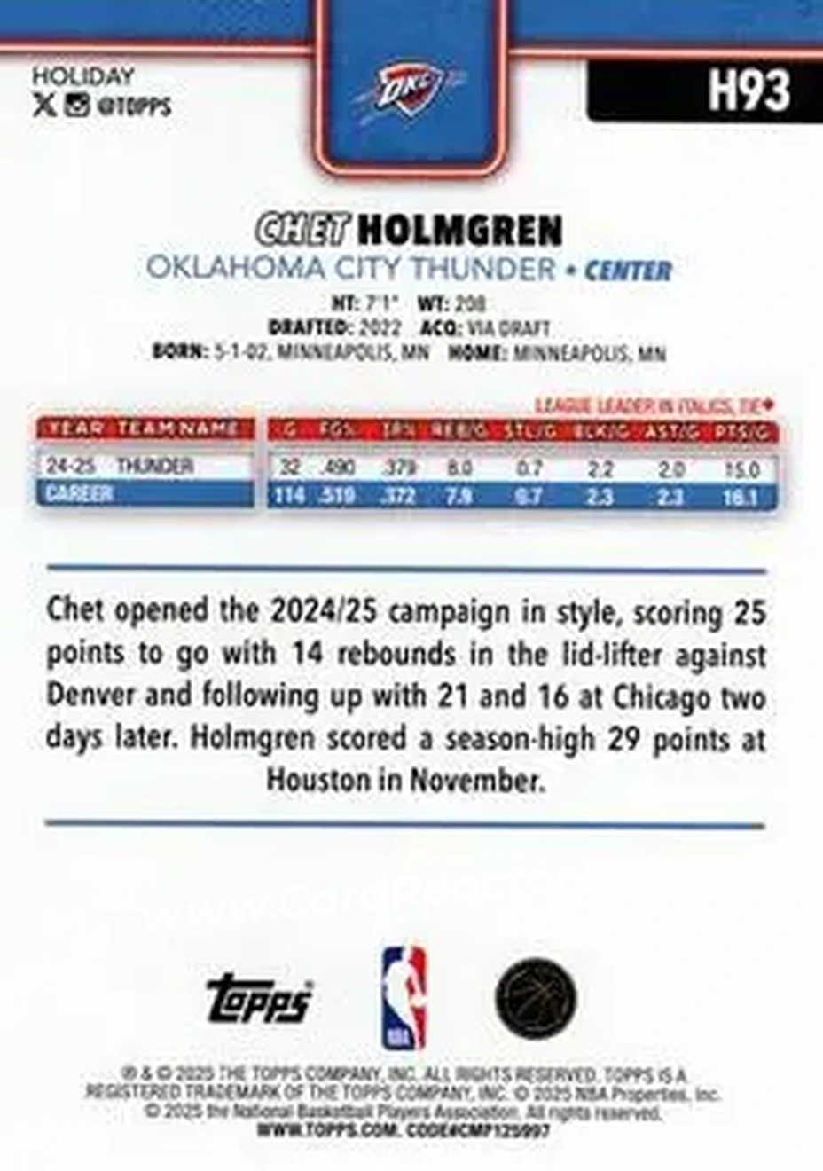2025-26 Topps Holiday #H93 - Chet Holmgren - Oklahoma City Thunder - Back