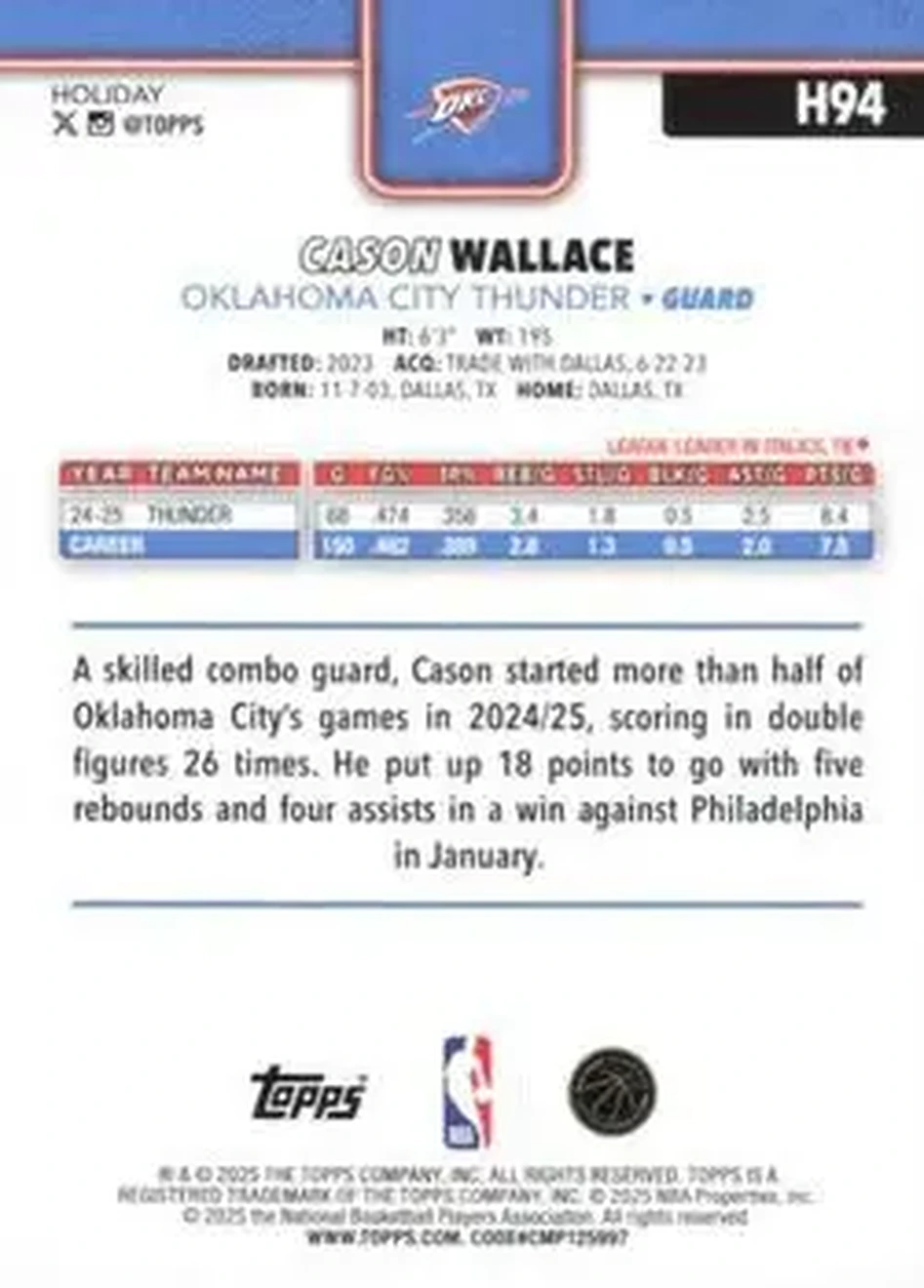 2025-26 Topps Holiday #H94 - Cason Wallace - Oklahoma City Thunder - Back