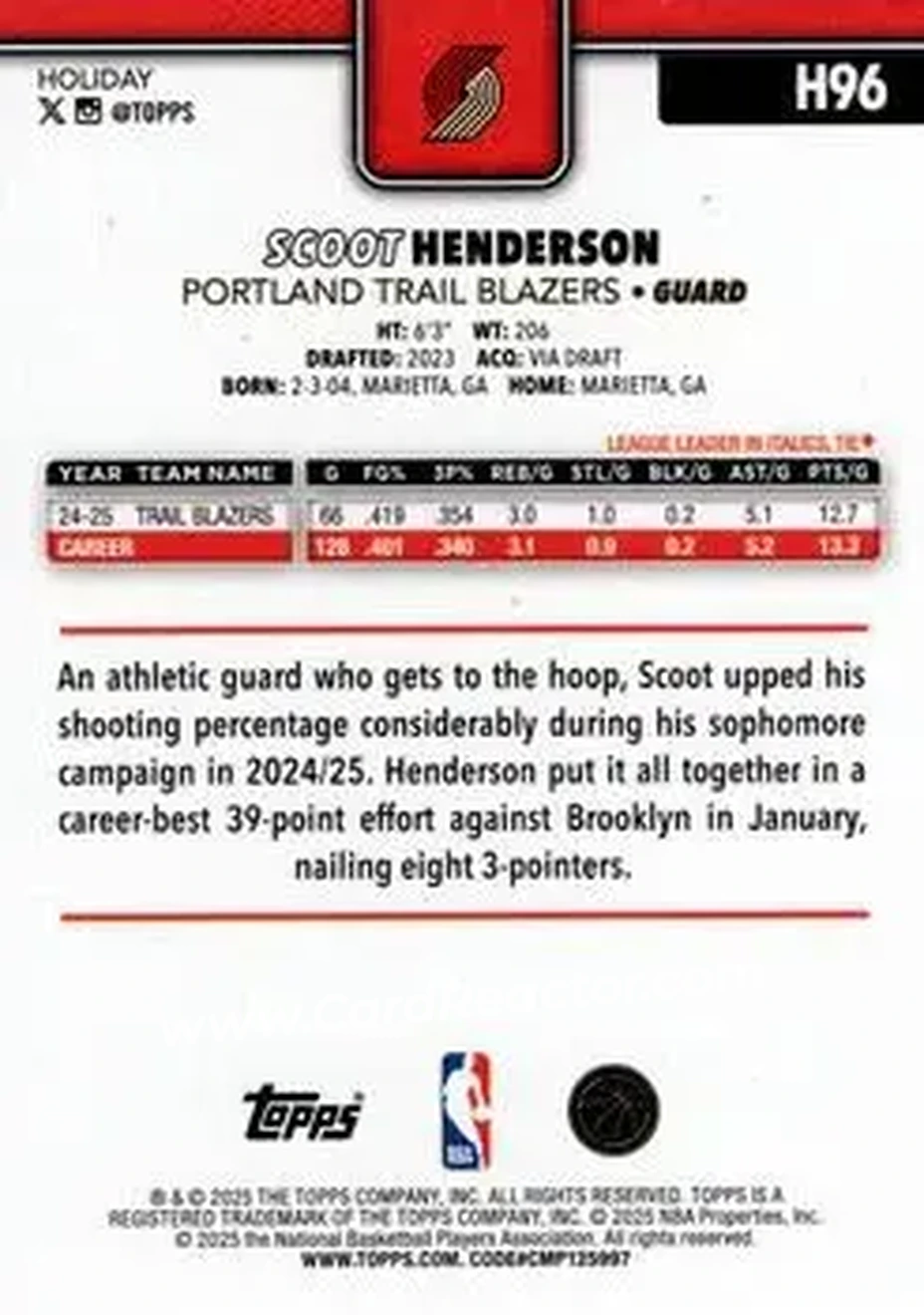 2025-26 Topps Holiday #H96 - Scoot Henderson - Portland Trail Blazers - Back 2025-26 Topps Holiday #H96 - Scoot Henderson - Portland Trail Blazers - Back