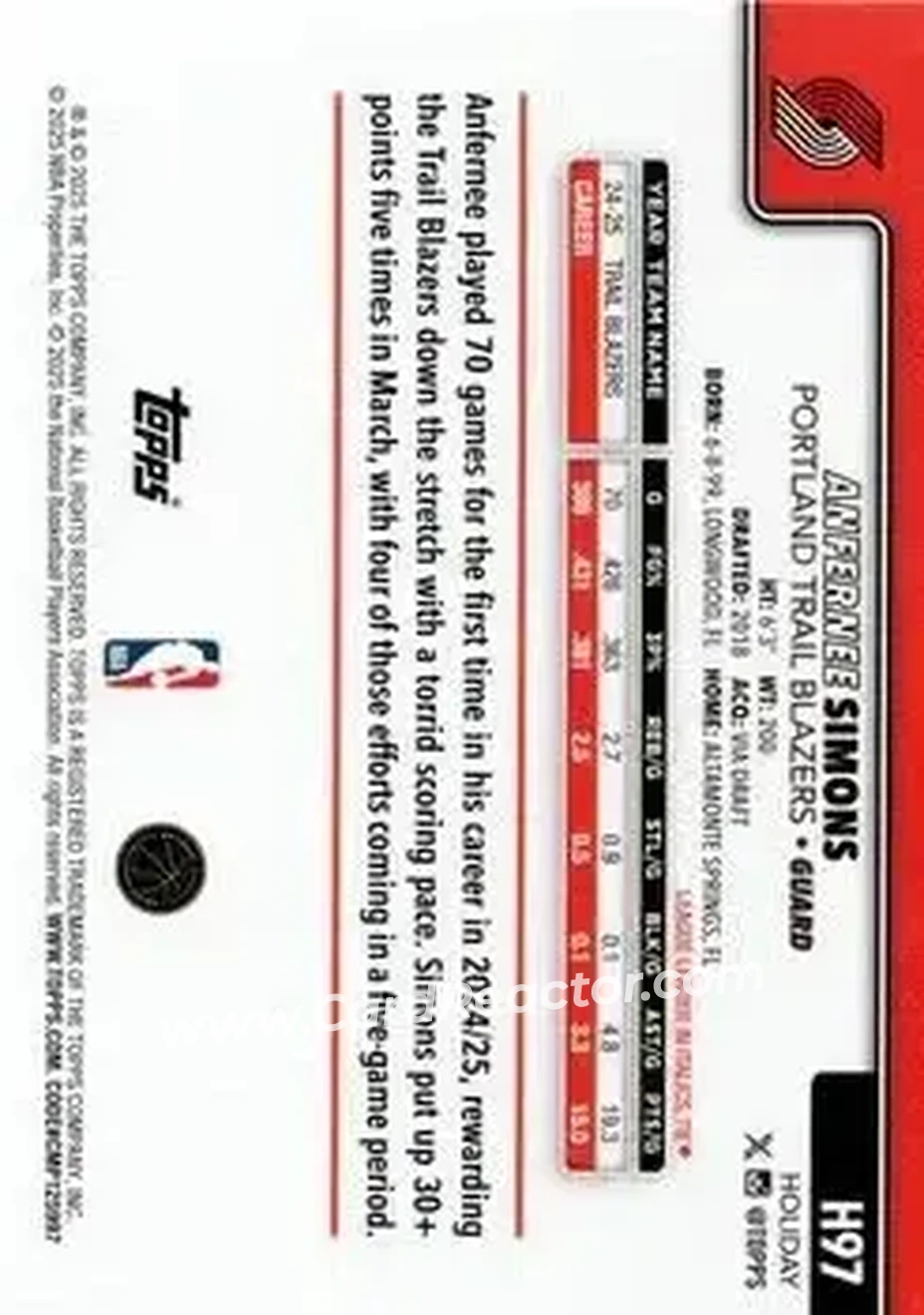 2025-26 Topps Holiday #H97 - Anfernee Simons - Portland Trail Blazers - Back 2025-26 Topps Holiday #H97 - Anfernee Simons - Portland Trail Blazers - Back