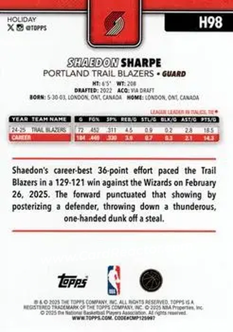 2025-26 Topps Holiday #H98 - Shaedon Sharpe - Portland Trail Blazers - Back