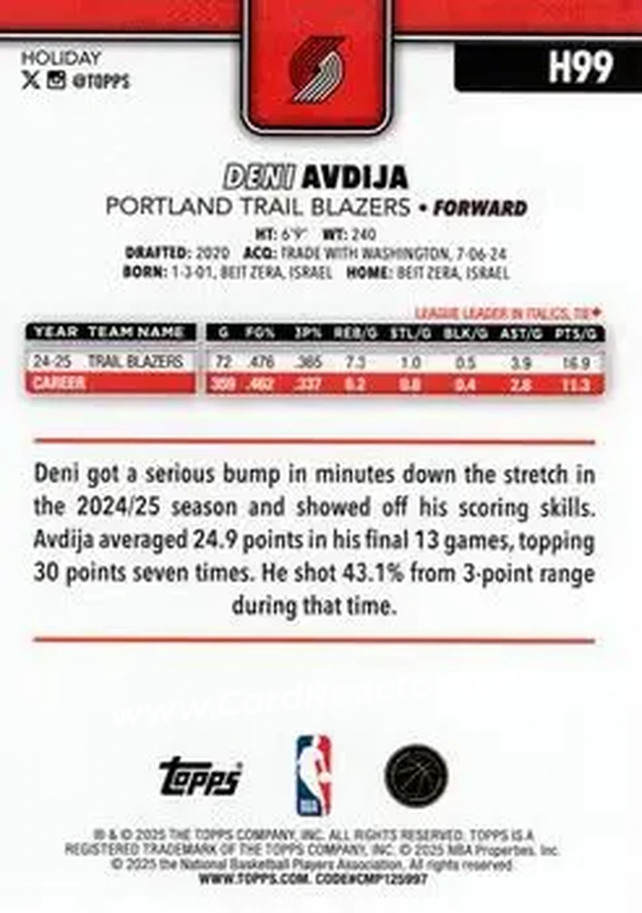 2025-26 Topps Holiday #H99 - Deni Avdija - Portland Trail Blazers - Back 2025-26 Topps Holiday #H99 - Deni Avdija - Portland Trail Blazers - Back