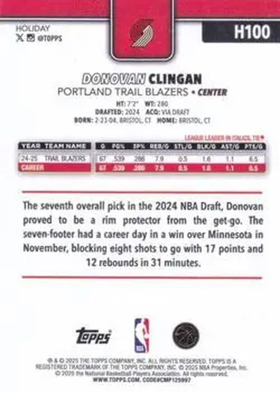 2025-26 Topps Holiday #H100 - Donovan Clingan - Portland Trail Blazers - Back