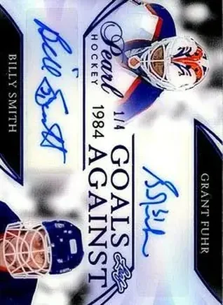 2020-21 Leaf Pearl - Goals Against Dual Autographs Navy Blue #GA-04 - Grant Fuhr - Billy Smith AU, SN4 - Edmonton Oilers - New York Islanders