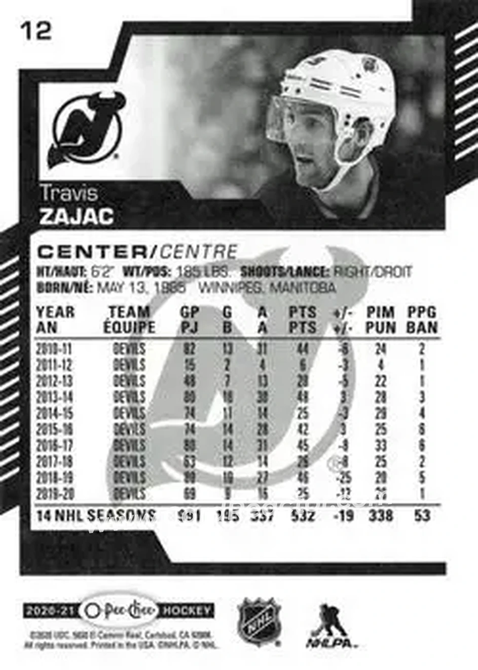 2020-21 O-Pee-Chee #12 - Travis Zajac - New Jersey Devils - Back