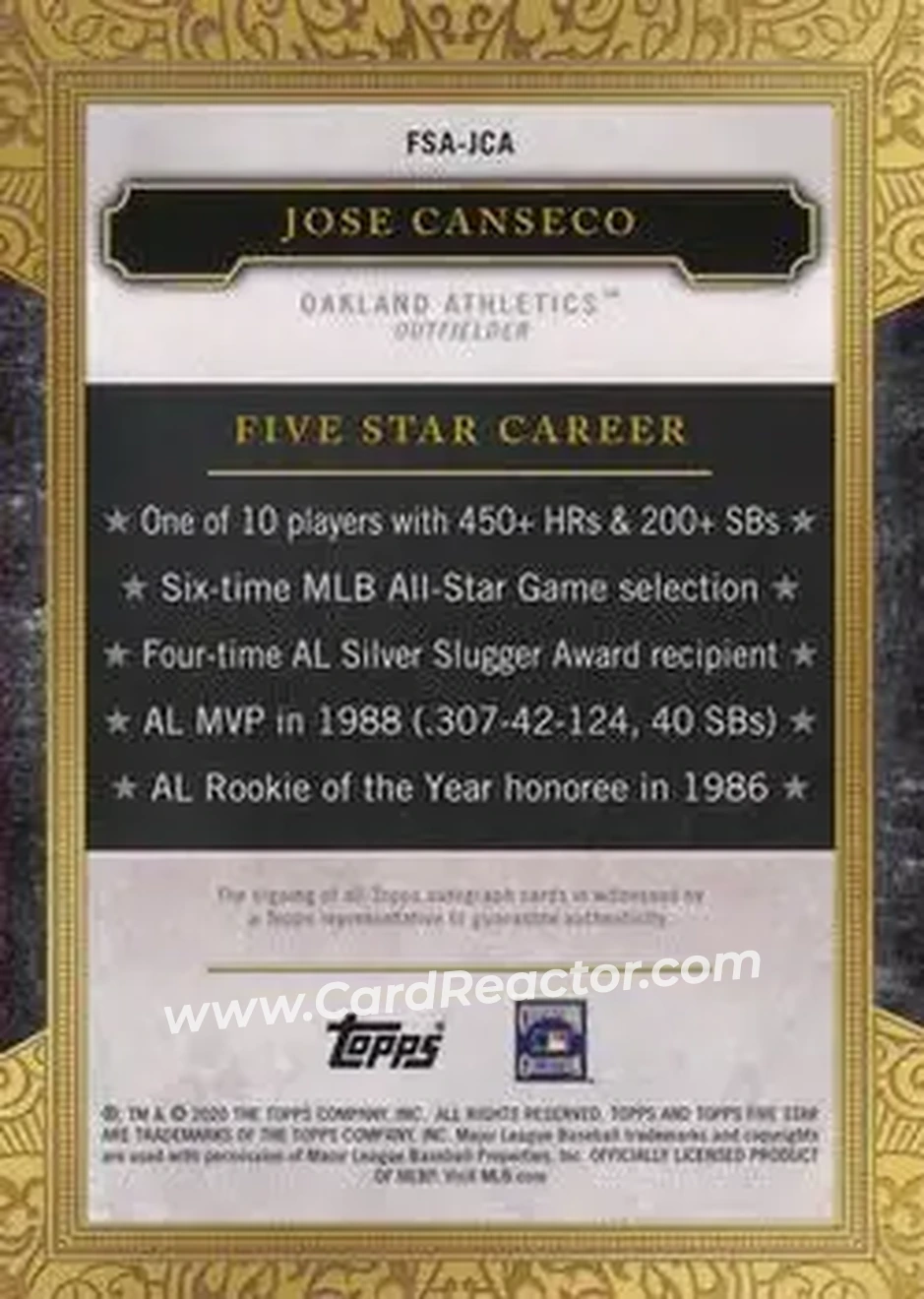 2020 Topps Five Star #FSA-JCA - Jose Canseco - Oakland Athletics - Back 2020 Topps Five Star #FSA-JCA - Jose Canseco - Oakland Athletics - Back