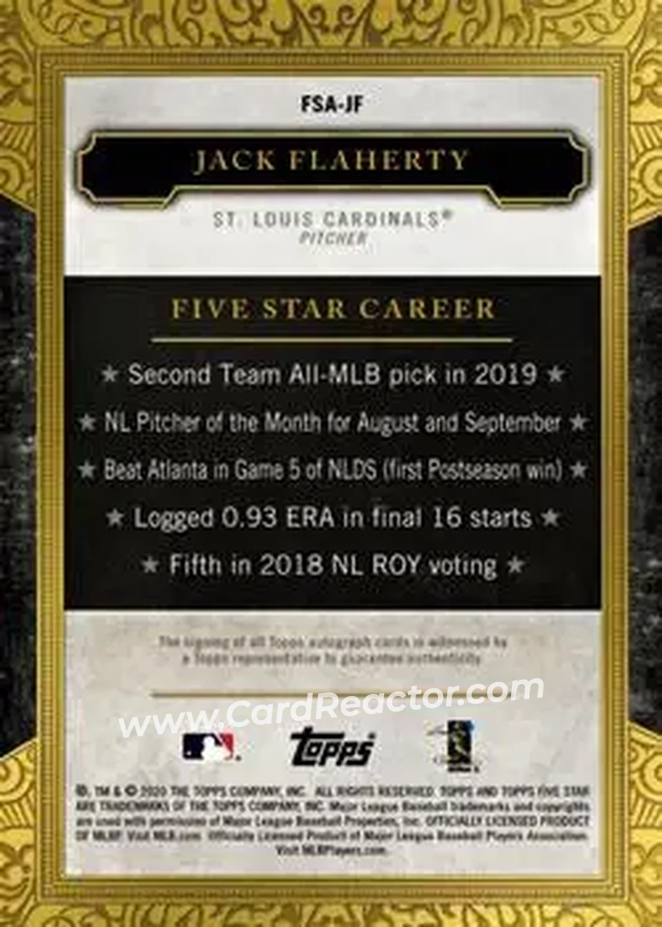 2020 Topps Five Star #FSA-JF - Jack Flaherty - St. Louis Cardinals - Back