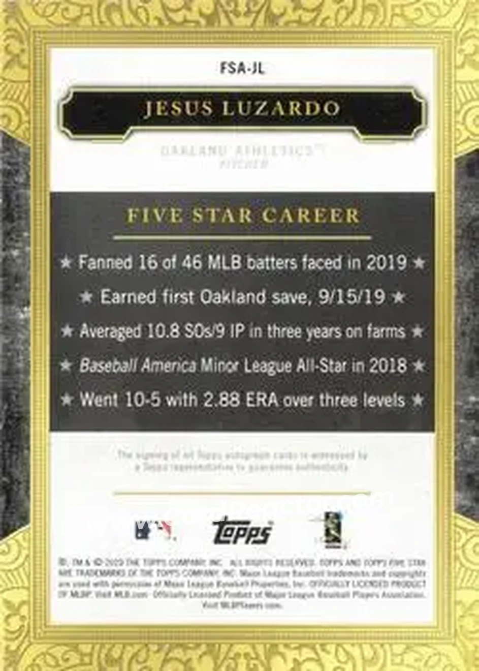 2020 Topps Five Star #FSA-JL - Jesus Luzardo - Oakland Athletics - Back