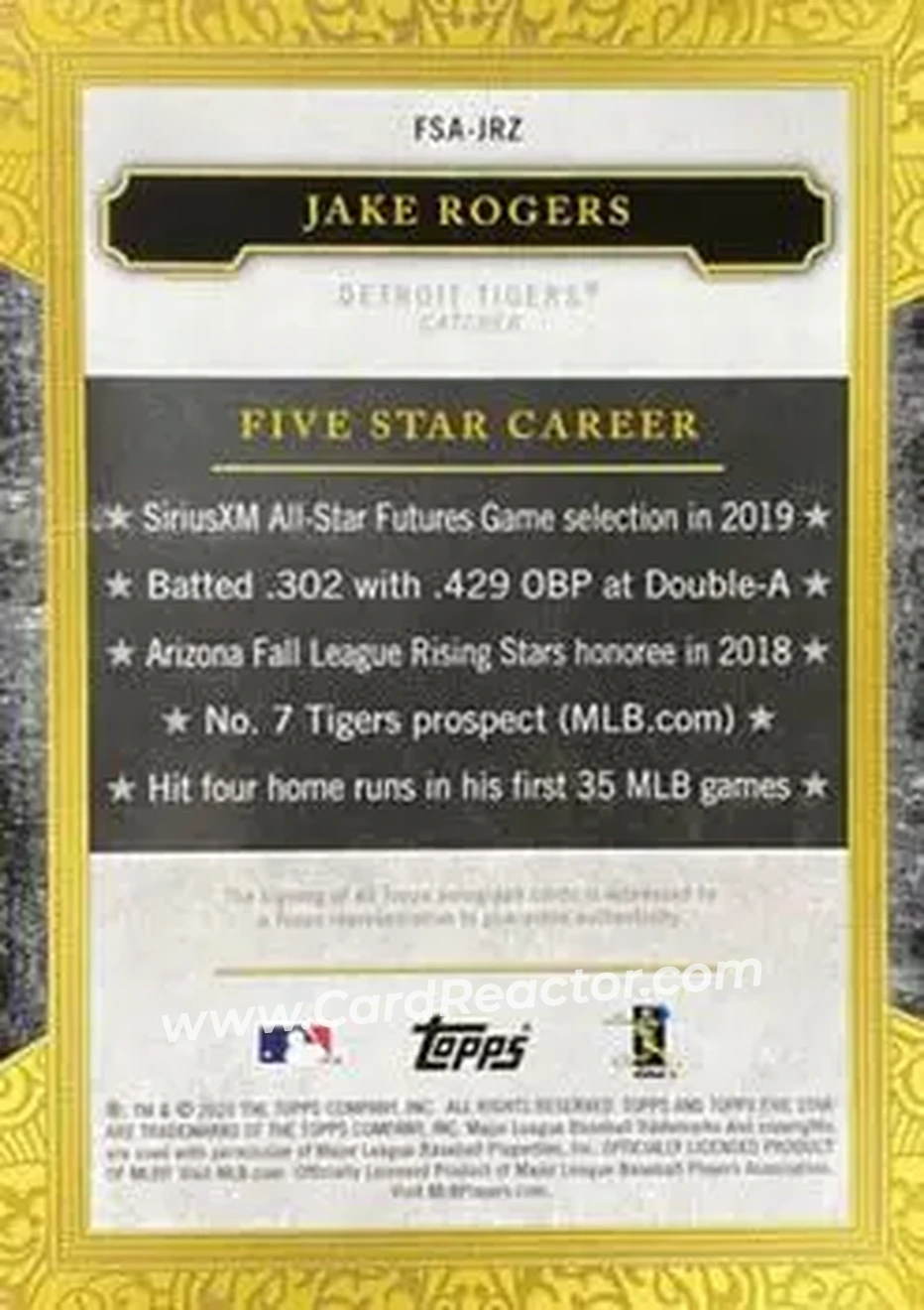 2020 Topps Five Star #FSA-JRZ - Jake Rogers - Detroit Tigers - Back