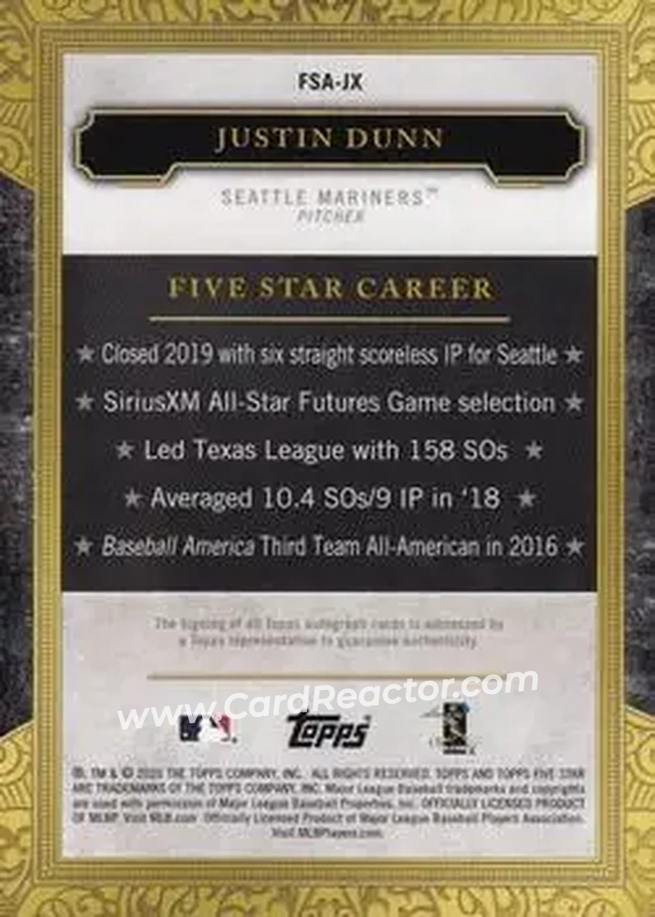2020 Topps Five Star #FSA-JX - Justin Dunn - Seattle Mariners - Back