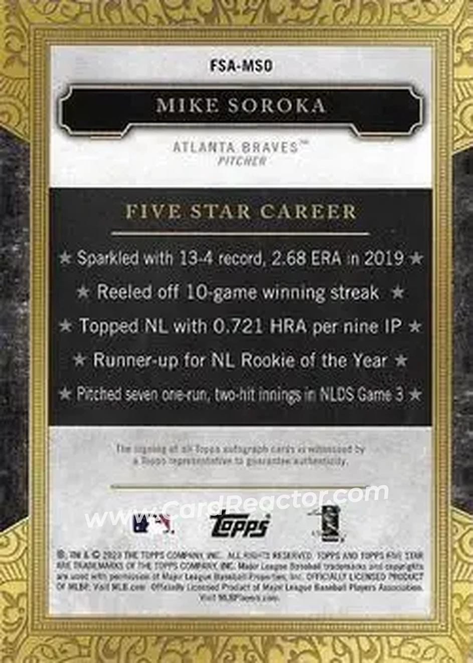 2020 Topps Five Star #FSA-MSO - Mike Soroka - Atlanta Braves - Back