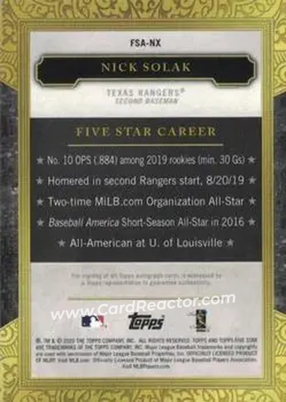 2020 Topps Five Star #FSA-NX - Nick Solak - Texas Rangers - Back